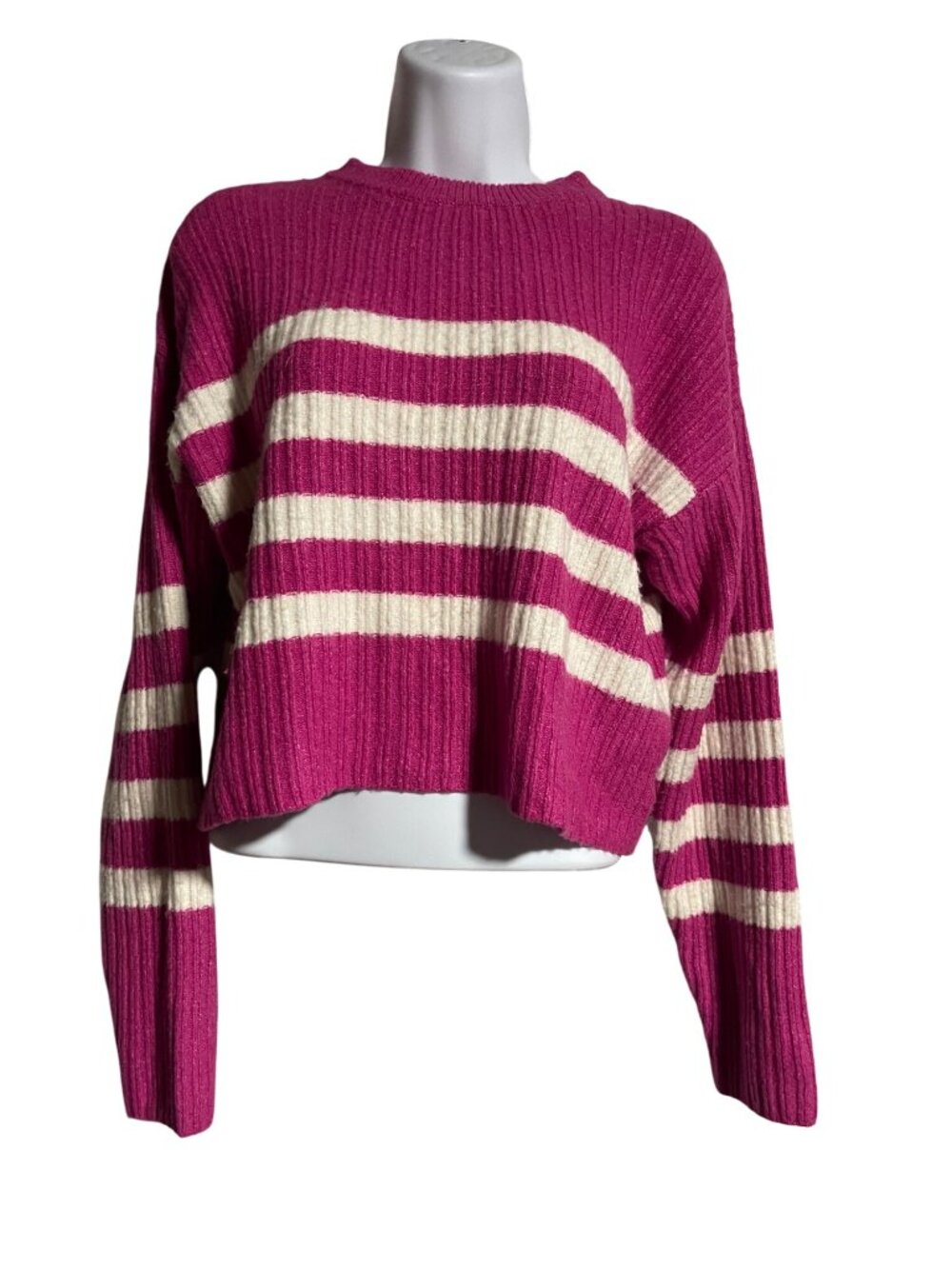 Pink Rose Cropped Magenta Striped Ribbed Knit Sweater Womens Small Pink White